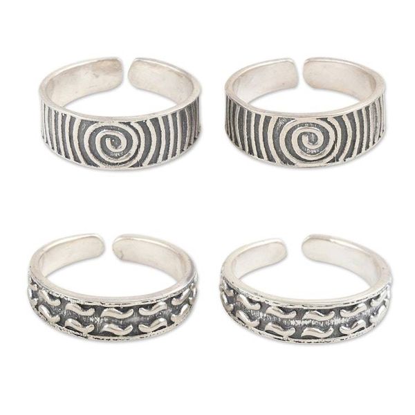 Alternate image for Sterling Silver Toe Rings in a Combination Finish 2 Pairs Spirals and Lines