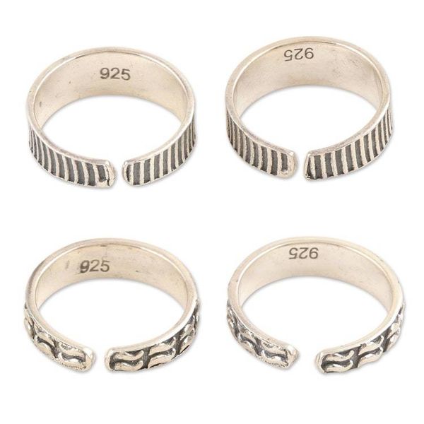 Alternate image for Sterling Silver Toe Rings in a Combination Finish 2 Pairs Spirals and Lines
