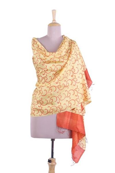 Primary image for Orange and Yellow Block Printed Shawl in 100 Silk Mimosa