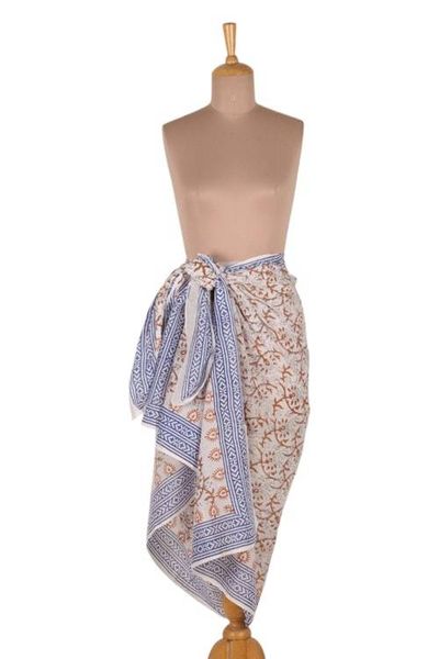 Alternate image for Floral and Vine-Themed Hand-Block Printed Cotton Sarong Fabulous Foliage