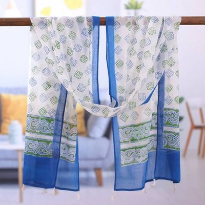 Primary image for Handcrafted Block-Printed Floral Blue and Green Cotton Scarf Spring Gala