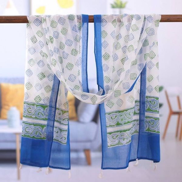 Alternate image for Handcrafted Block-Printed Floral Blue and Green Cotton Scarf Spring Gala