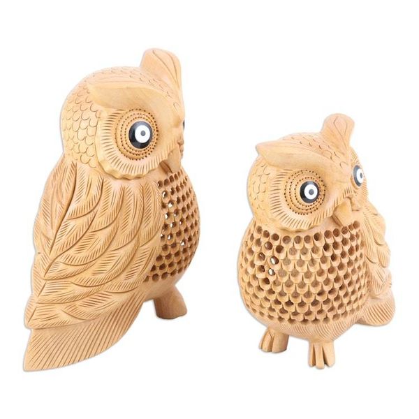 Alternate image for Kadam Wood Owl Sculptures Hand-Carved in India Set of 2 Inner Wisdom