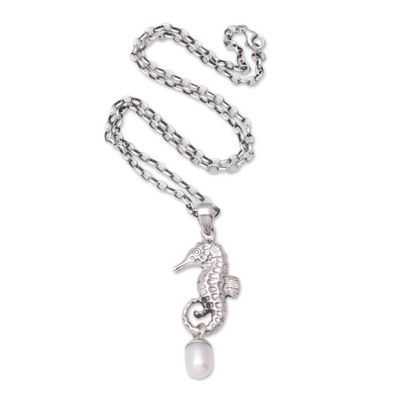 Alternate image for Sterling Silver and Cultured Pearl Seahorse Pendant Necklace Lovely Seahorse