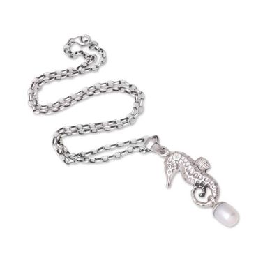 Alternate image for Sterling Silver and Cultured Pearl Seahorse Pendant Necklace Lovely Seahorse