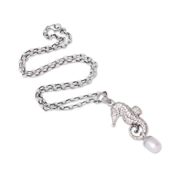 Alternate image for Sterling Silver and Cultured Pearl Seahorse Pendant Necklace Lovely Seahorse