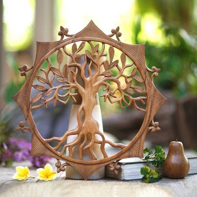 Alternate image for Handcrafted Circular Wood Tree Relief Panel from Bali Sunshine Tree