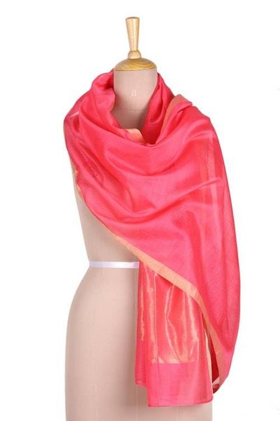 Alternate image for Block-Printed Cotton and Silk Shawl with Zari Embroidery Zari Peacocks
