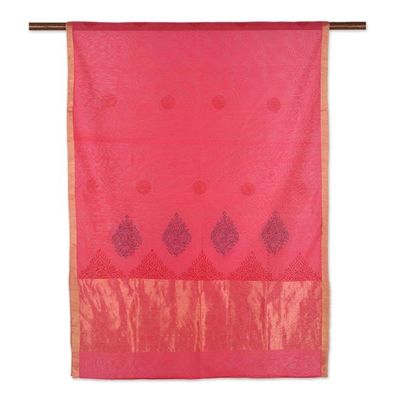 Alternate image for Block-Printed Cotton and Silk Shawl with Zari Embroidery Zari Peacocks