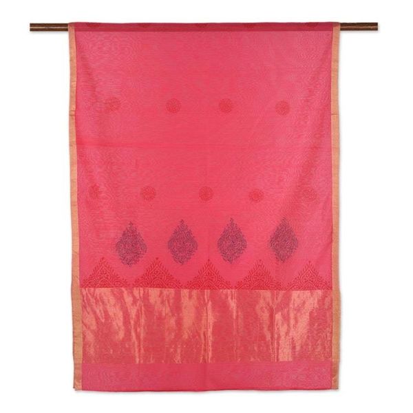 Alternate image for Block-Printed Cotton and Silk Shawl with Zari Embroidery Zari Peacocks