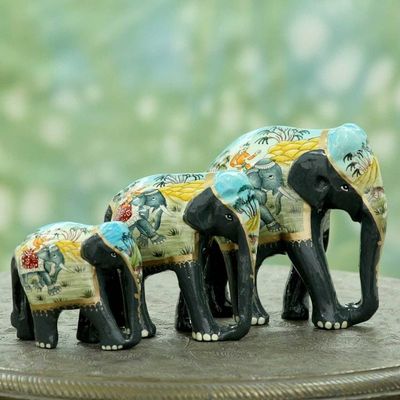 Primary image for 3 Artisan Crafted Lacquered Wood Elephant Sculptures Black Elephant Trio