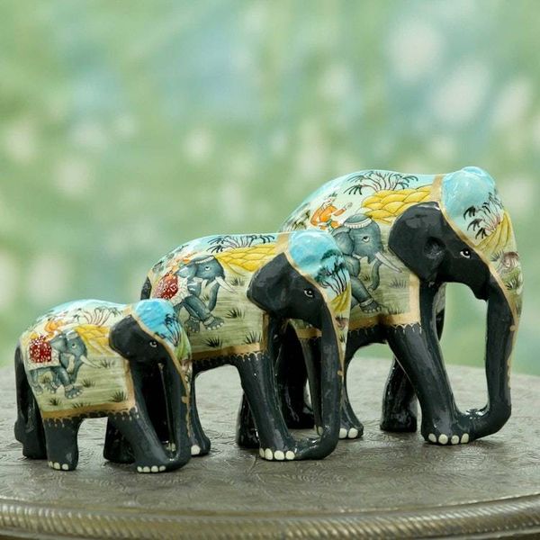 Alternate image for 3 Artisan Crafted Lacquered Wood Elephant Sculptures Black Elephant Trio