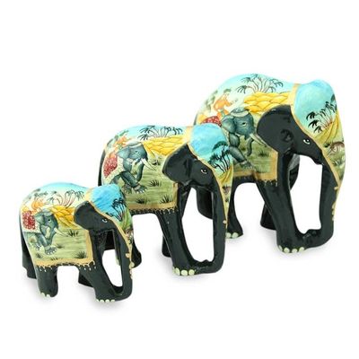 Alternate image for 3 Artisan Crafted Lacquered Wood Elephant Sculptures Black Elephant Trio