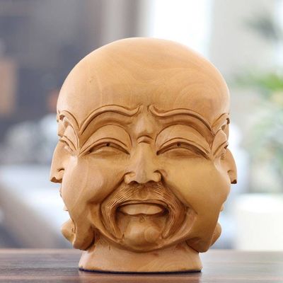 Alternate image for Hand-Carved Kadam Wood Sculpture of Sad Man Sorrowful Facets