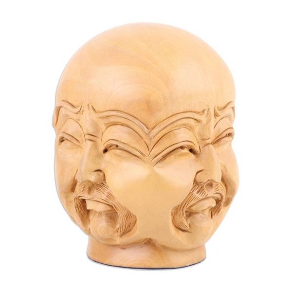 Alternate image for Hand-Carved Kadam Wood Sculpture of Sad Man Sorrowful Facets