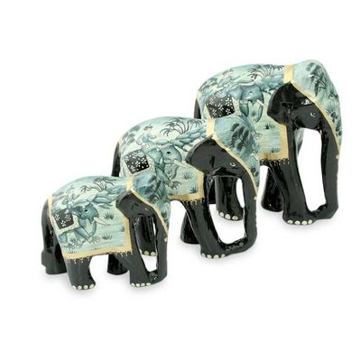 Alternate image for Indian Artisan Crafted Wood Elephant Sculptures Set of 3 Blue Elephant Trio