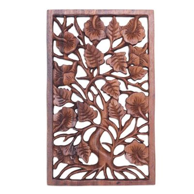 Alternate image for Hand-Carved Suar Wood Relief Panel with Leafy Design Spring Tree