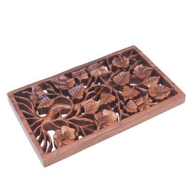 Alternate image for Hand-Carved Suar Wood Relief Panel with Leafy Design Spring Tree