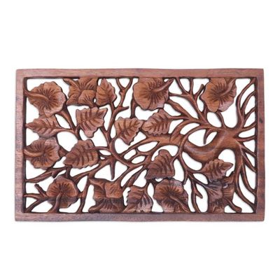 Alternate image for Hand-Carved Suar Wood Relief Panel with Leafy Design Spring Tree