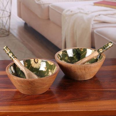 Alternate image for Floral-Themed Wood Salad Bowl Serving Spoon 4-Piece Set Floral Magic