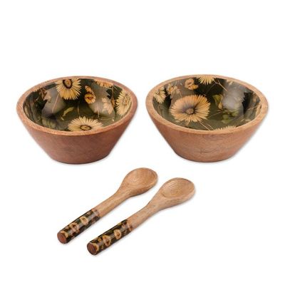 Alternate image for Floral-Themed Wood Salad Bowl Serving Spoon 4-Piece Set Floral Magic