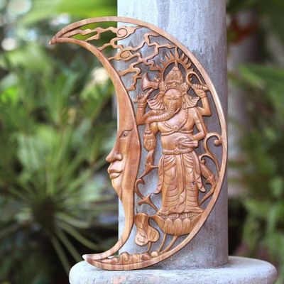 Alternate image for Ganesha in Crescent Moon Hand Carved Wood Relief Panel Ganesha Moon
