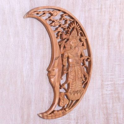 Alternate image for Ganesha in Crescent Moon Hand Carved Wood Relief Panel Ganesha Moon