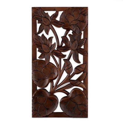 Alternate image for Nature-Themed Mango Wood Relief Panel Hand-Carved in India Immortal Blossoms