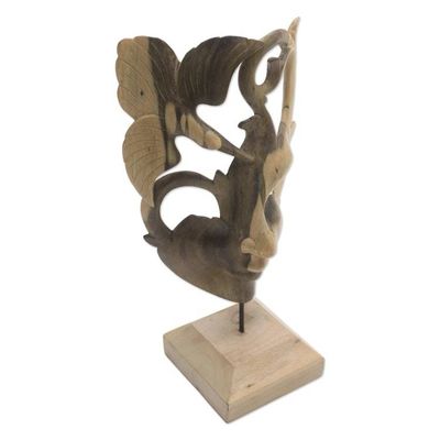 Alternate image for Hummingbird-Themed Hibiscus Wood Mask from Bali Balinese Dancer