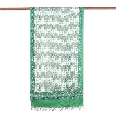 Alternate image for Green Silk Shawl with Hand-Block Printed Leafy Pattern Emerald Bliss