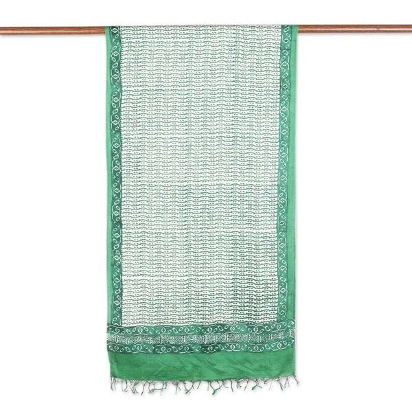 Alternate image for Green Silk Shawl with Hand-Block Printed Leafy Pattern Emerald Bliss