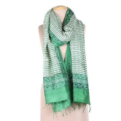 Alternate image for Green Silk Shawl with Hand-Block Printed Leafy Pattern Emerald Bliss