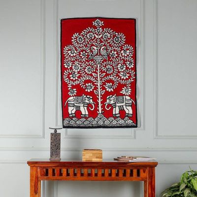 Alternate image for Indian-Made Traditional Crimson Wool Chain-Stitched Tapestry Harmony with Nature