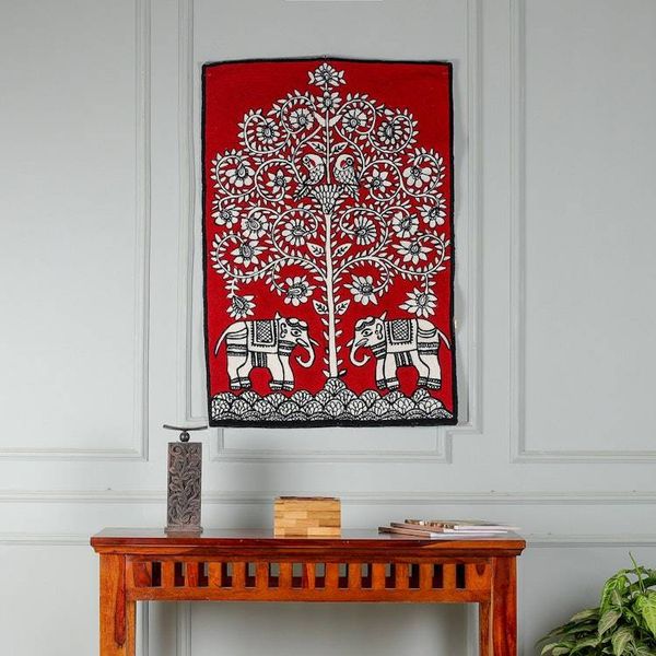 Alternate image for Indian-Made Traditional Crimson Wool Chain-Stitched Tapestry Harmony with Nature