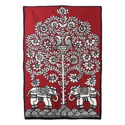 Alternate image for Indian-Made Traditional Crimson Wool Chain-Stitched Tapestry Harmony with Nature