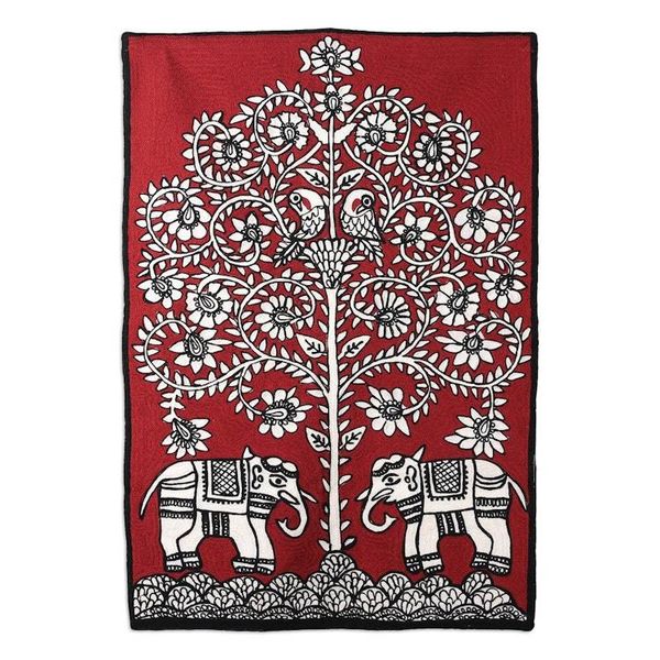 Alternate image for Indian-Made Traditional Crimson Wool Chain-Stitched Tapestry Harmony with Nature