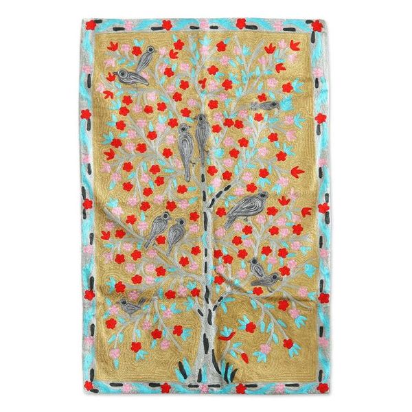 Alternate image for Indian Hand-embroidered Tapestry with Birds on Tree Motif Abode of Birds III