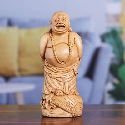 Primary image for Hand-Carved Polished Laughing Buddha Kadam Wood Sculpture Buddhas Bliss