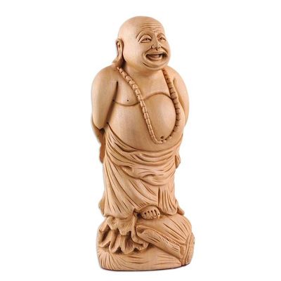 Alternate image for Hand-Carved Polished Laughing Buddha Kadam Wood Sculpture Buddhas Bliss