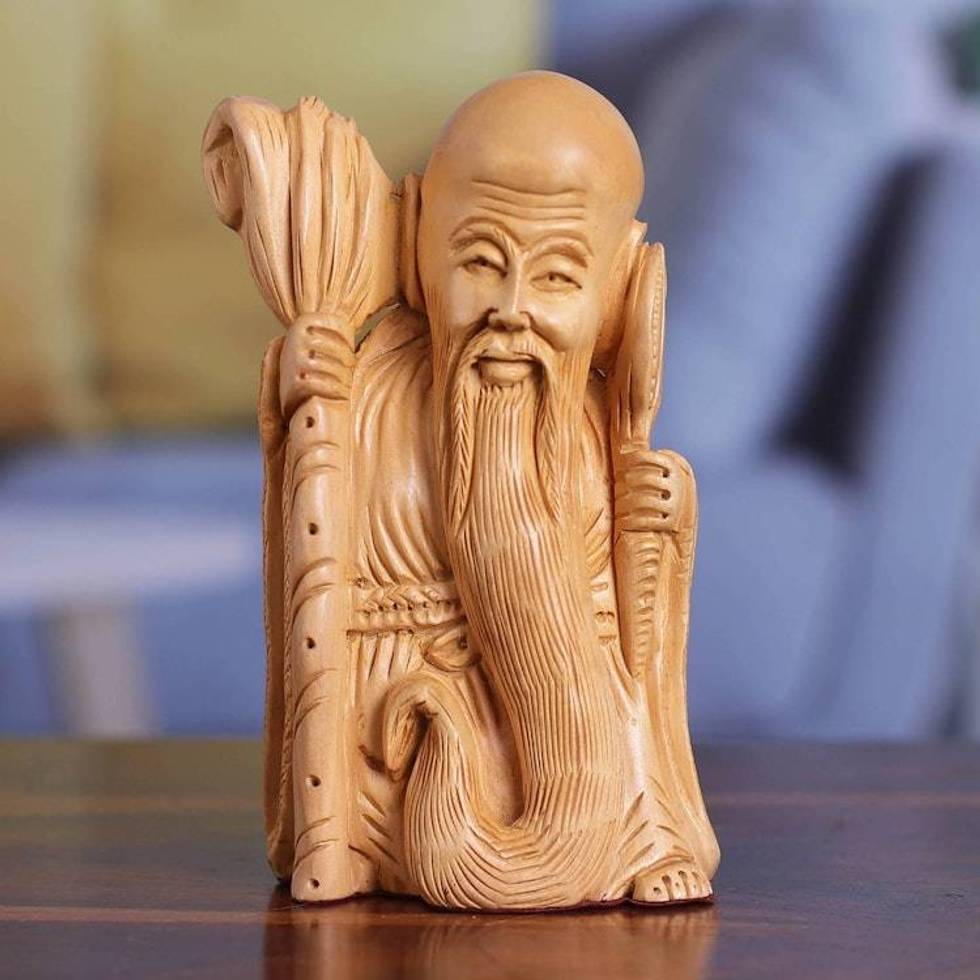 Hand-Carved Polished Kadam Wood Sculpture of an Old Master 'The Wise Master'