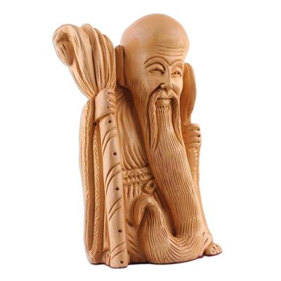 Alternate image for Hand-Carved Polished Kadam Wood Sculpture of an Old Master The Wise Master