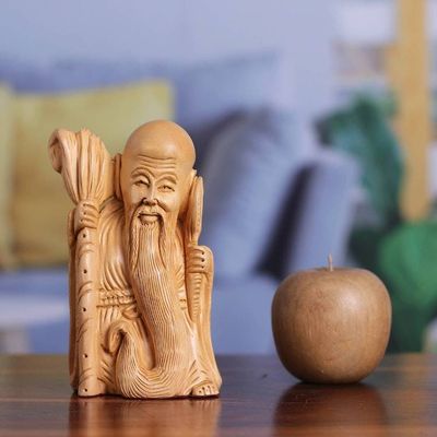 Alternate image for Hand-Carved Polished Kadam Wood Sculpture of an Old Master The Wise Master
