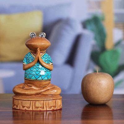 Alternate image for Hand-Painted Wood Figurine of Meditating Frog from India Serene Frog