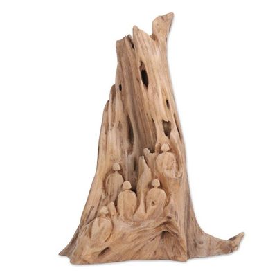 Alternate image for Hand-Carved Reclaimed Teak Wood Sculpture from India Mountain Prayers I