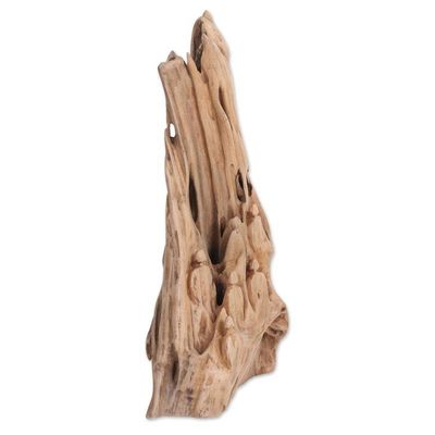 Alternate image for Hand-Carved Reclaimed Teak Wood Sculpture from India Mountain Prayers I