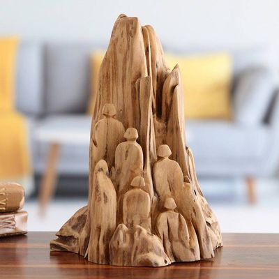 Primary image for Hand-Carved Reclaimed Teak Wood Sculpture Made in India Mountain Prayers II