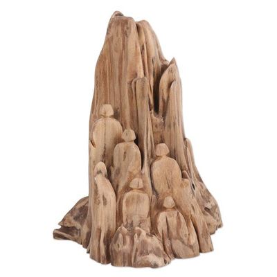 Alternate image for Hand-Carved Reclaimed Teak Wood Sculpture Made in India Mountain Prayers II
