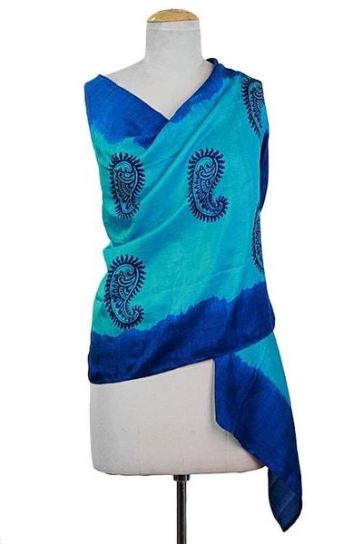 Primary image for Hand Woven Blue Silk Shawl Paisley Motifs from India Paisley Fascination in Cyan