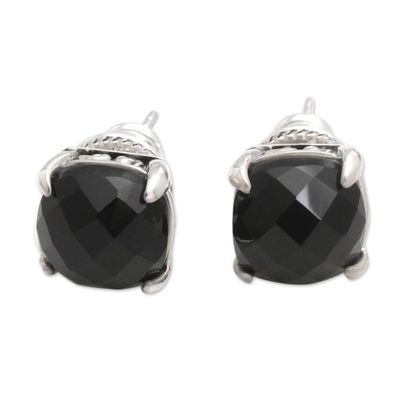 Primary image for Checkerboard Faceted Black Onyx Stud Earrings Dressed for Dinner in Black