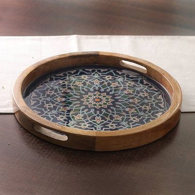 Alternate image for Mandala-Inspired Round Blue Resin-Coated Mango Wood Tray Tide of Mosaics